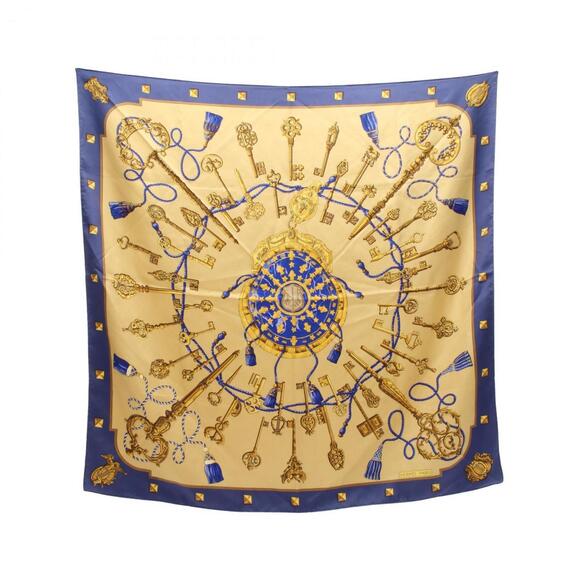 Hermès HERMES Carré 90 LES CLES Silk Scarf for Women Blue Beige Gold